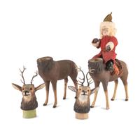 A German Papier-Mâché Santa Claus with Two Reindeer Candy Containers