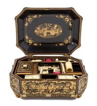 A Chinese Gilt and Black Lacquered Sewing Box Height 6 3/4 x width 14 x depth 10 1/2 inches.