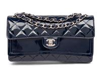 CHANEL, NAVY PATENT DOUBLE FLAP BAG
