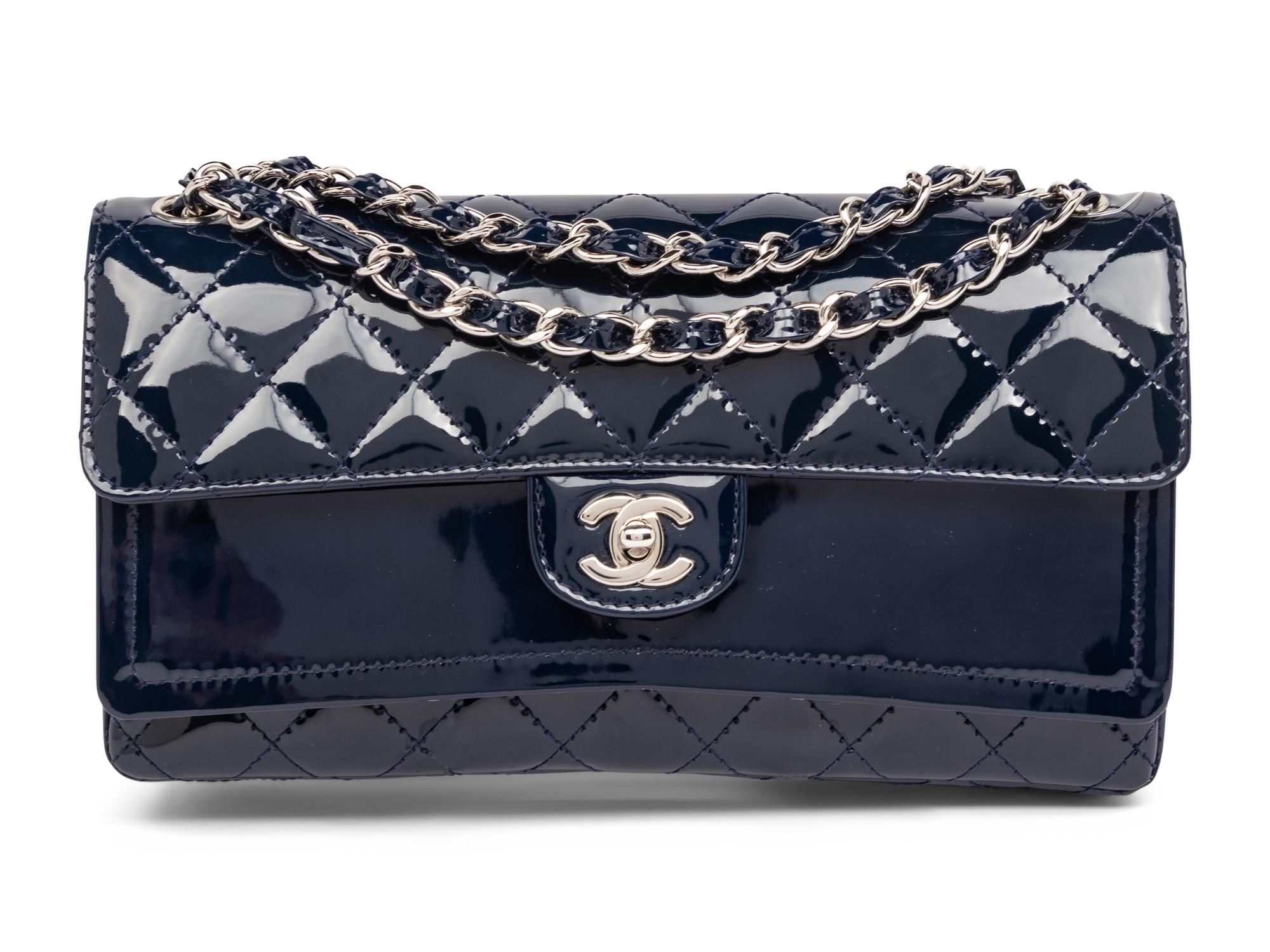 CHANEL, NAVY PATENT DOUBLE FLAP BAG