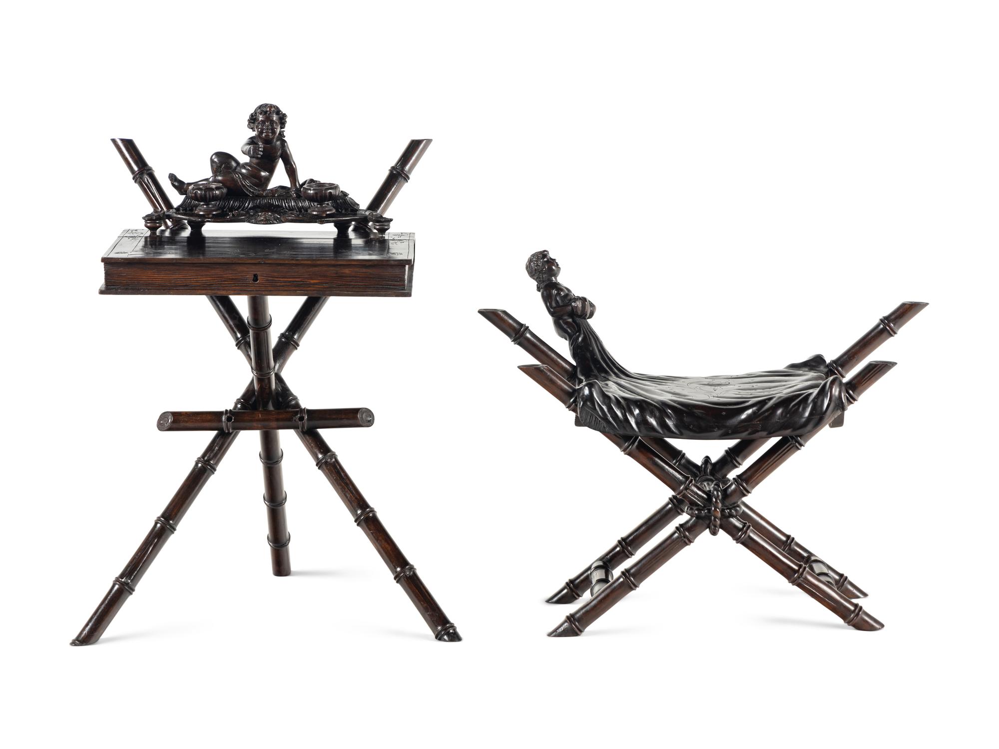 A Venetian Carved Walnut 'Fantasy' Ink Stand, Writing Desk and Bench