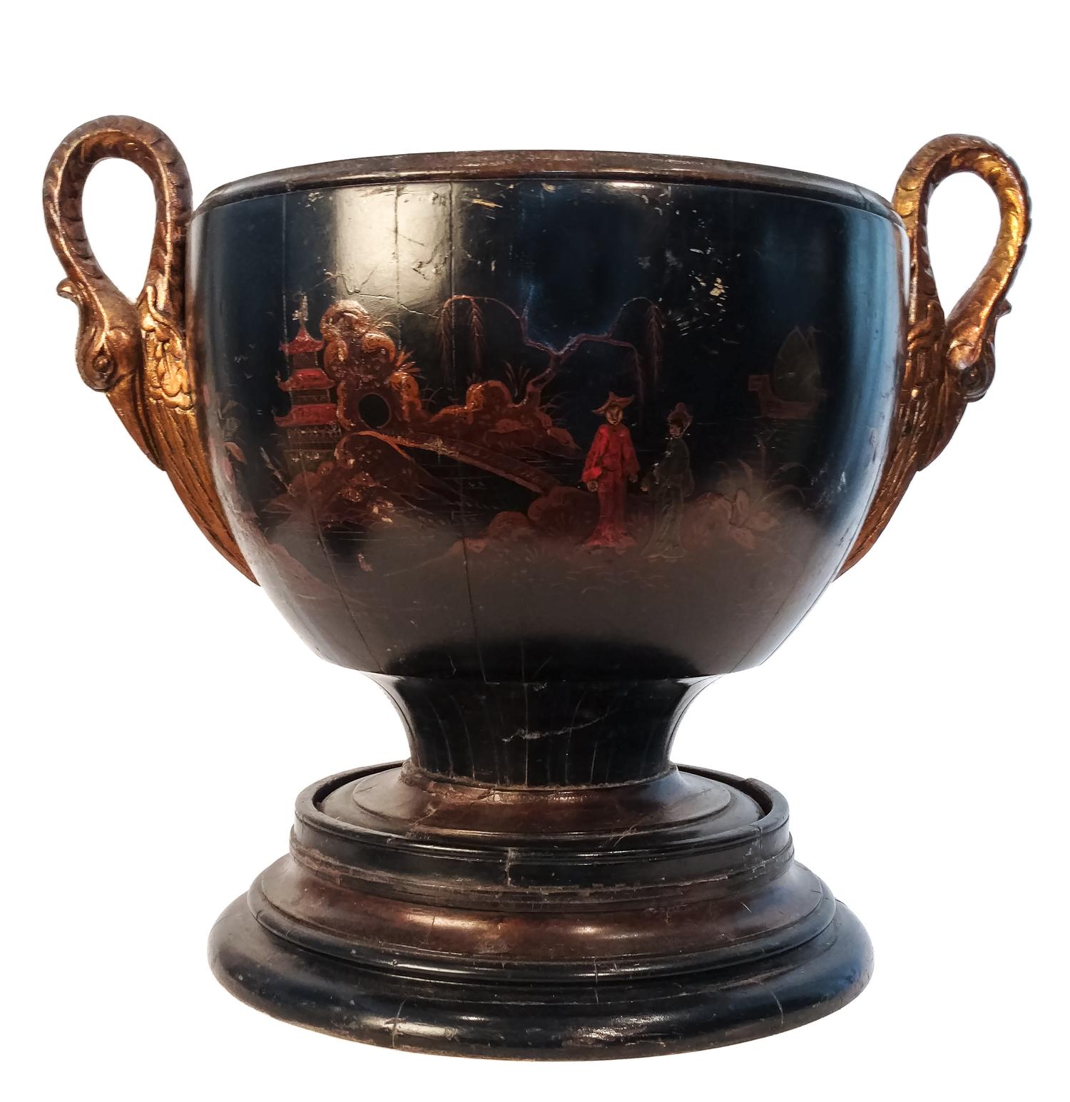 A Black Lacquered and Polychrome Painted Urn Height 18 x diameter 16 inches. — 19TH CENTURY