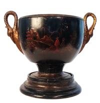 A Black Lacquered and Polychrome Painted Urn Height 18 x diameter 16 inches. — 19TH CENTURY