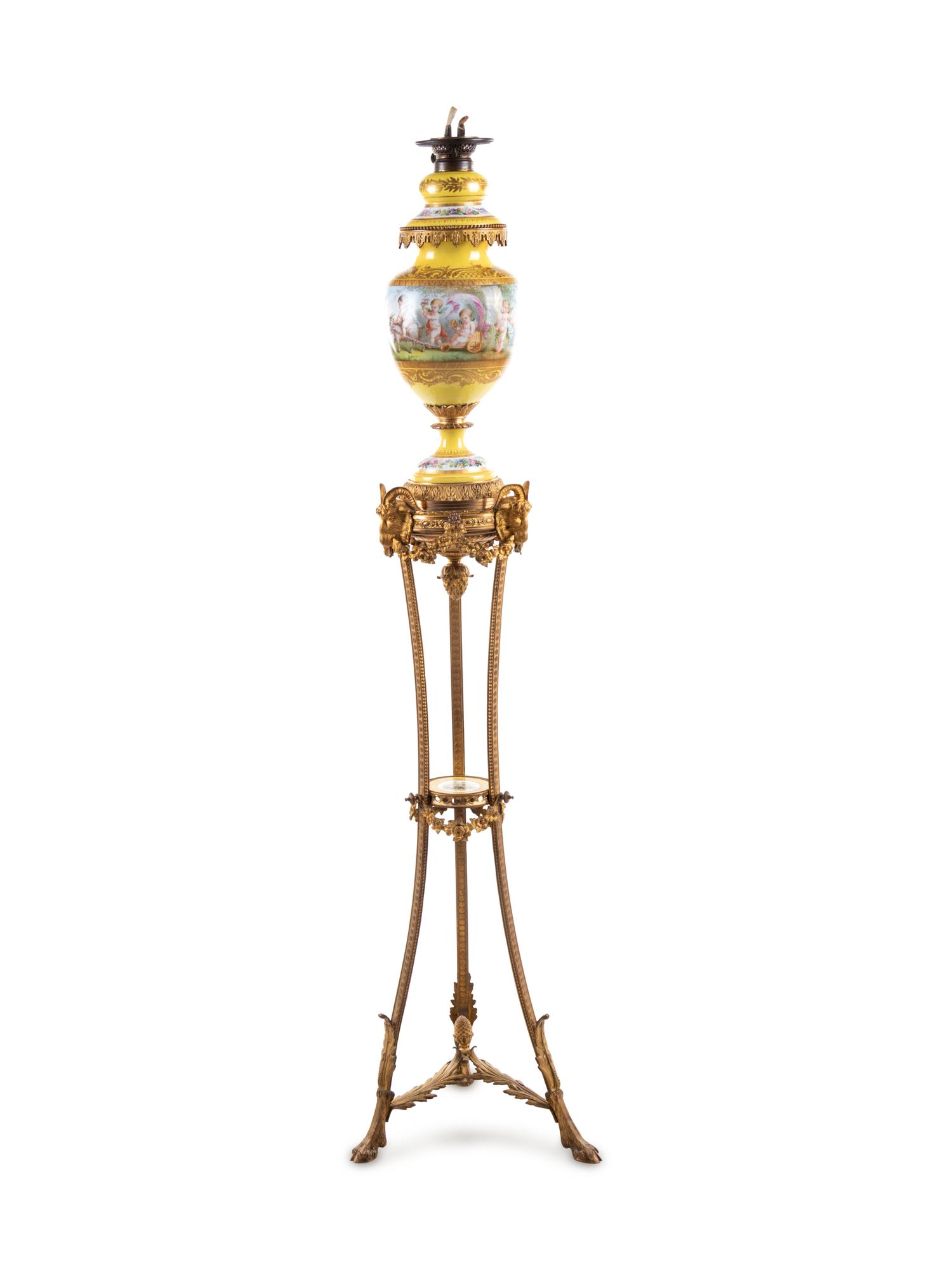 A Sèvres Style Gilt Bronze Mounted Painted and Parcel Gilt Porcelain Banquet Lamp