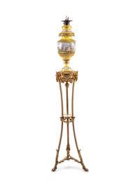 A Sèvres Style Gilt Bronze Mounted Painted and Parcel Gilt Porcelain Banquet Lamp