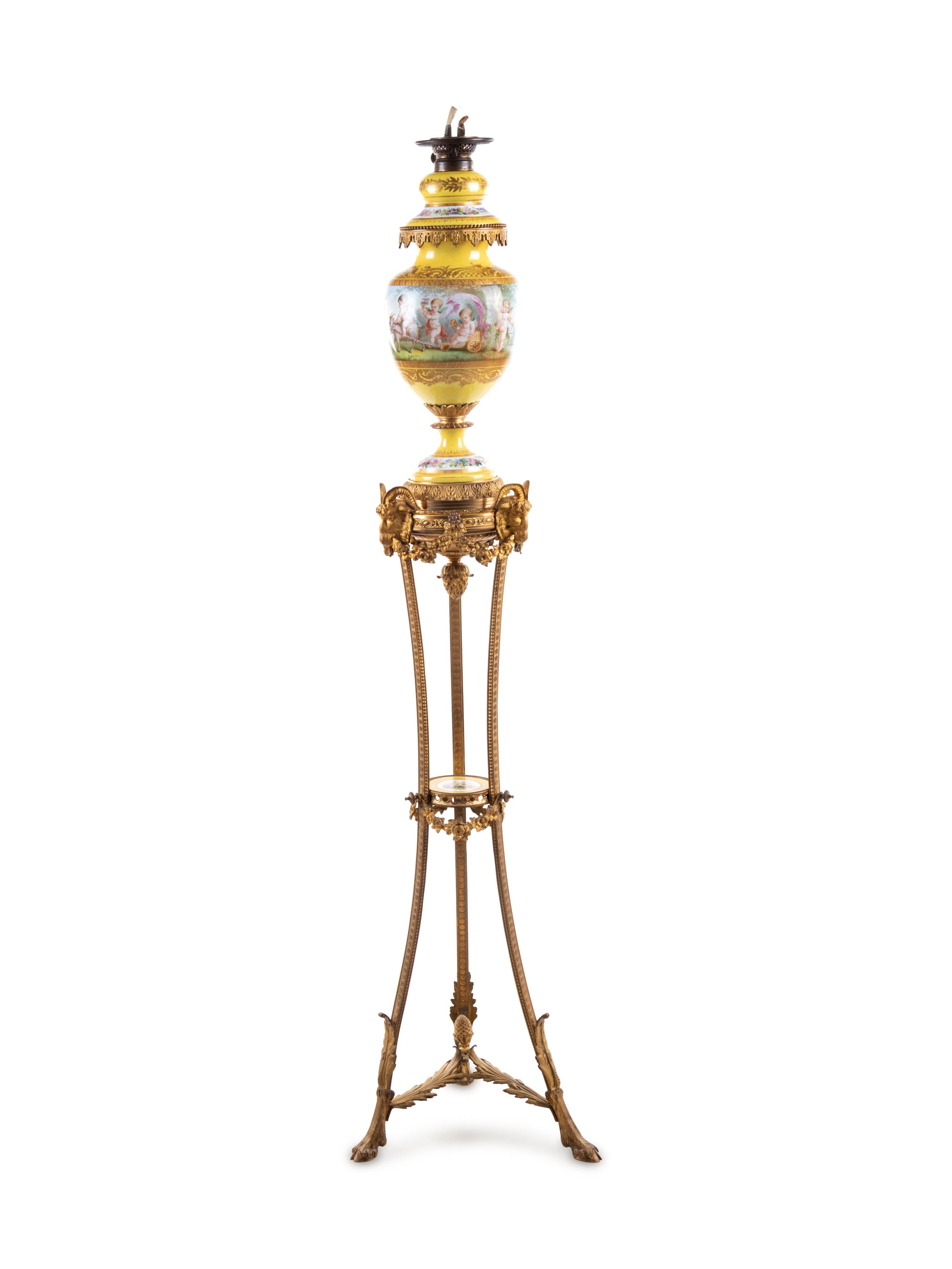 A Sèvres Style Gilt Bronze Mounted Painted and Parcel Gilt Porcelain Banquet Lamp