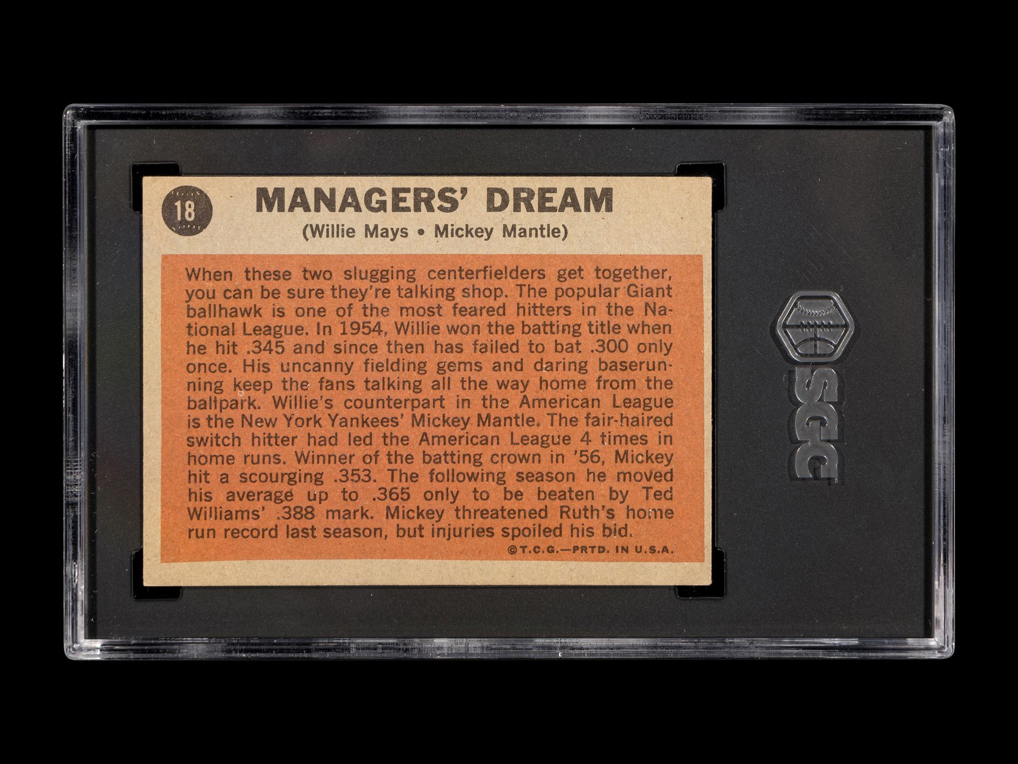 A 1962 Topps Mickey Mantle / Willie Mays Managers Dream Baseball Card No. 18 (SGC 4 VG-EX)