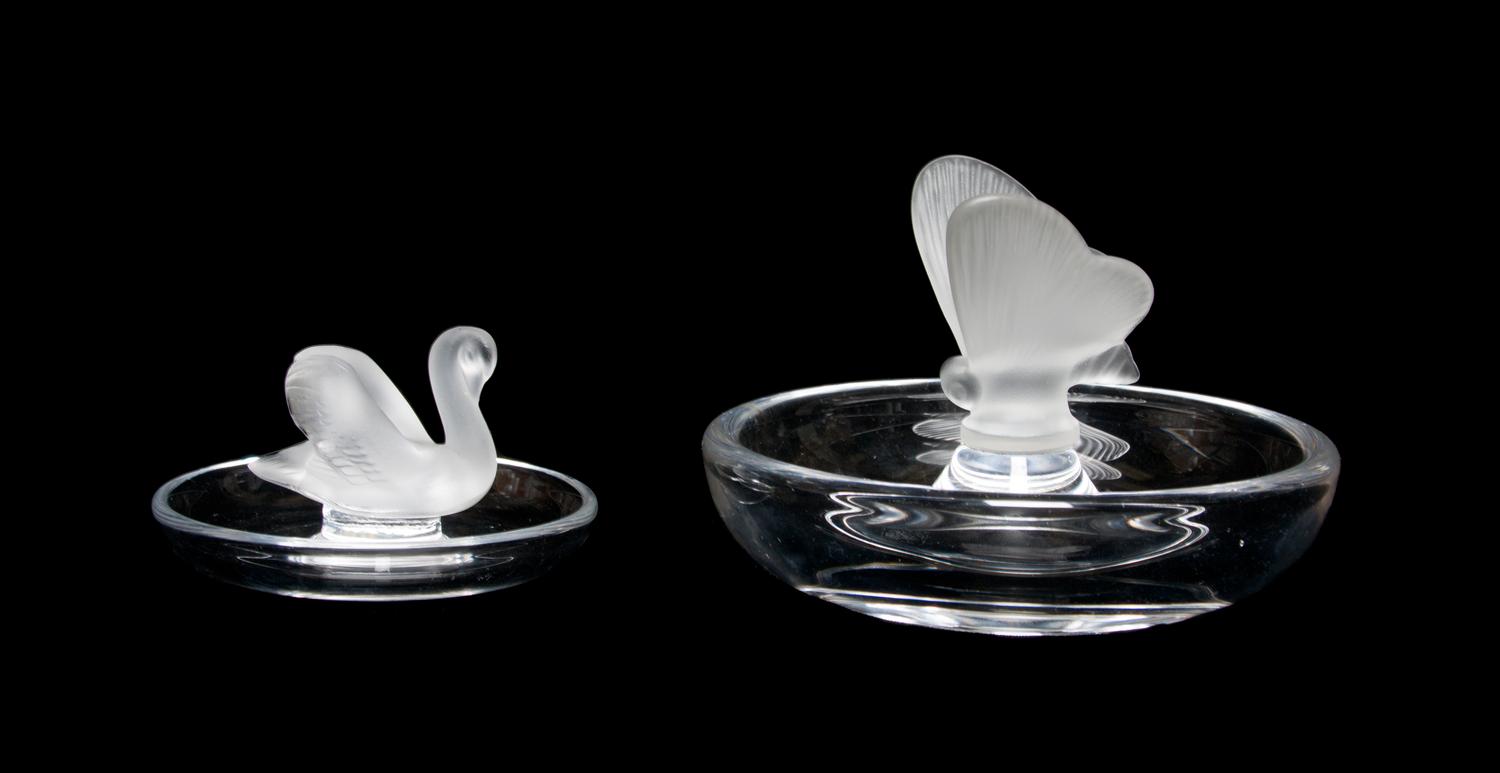 A Lalique Molded and Frosted Glass Ring Tray Height of larger 3 1/2 inches.