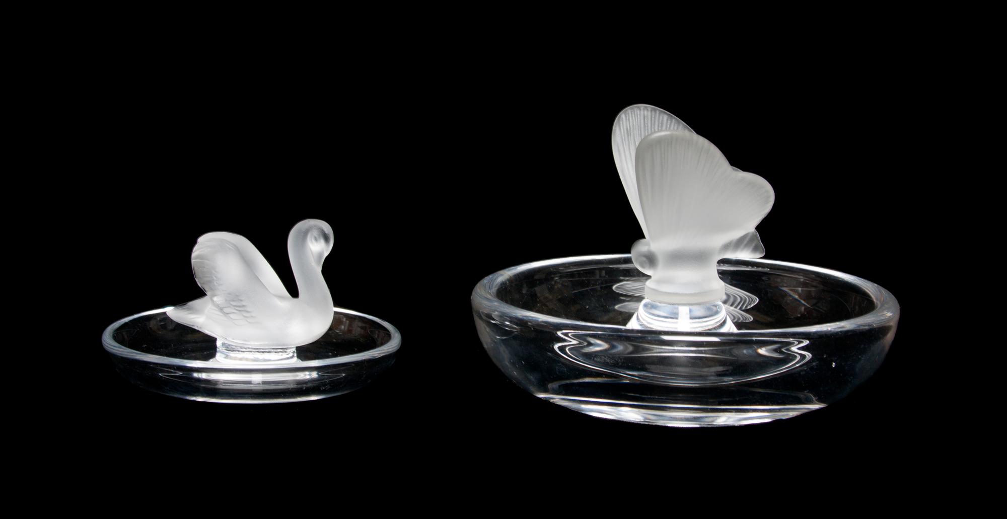 A Lalique Molded and Frosted Glass Ring Tray Height of larger 3 1/2 inches.