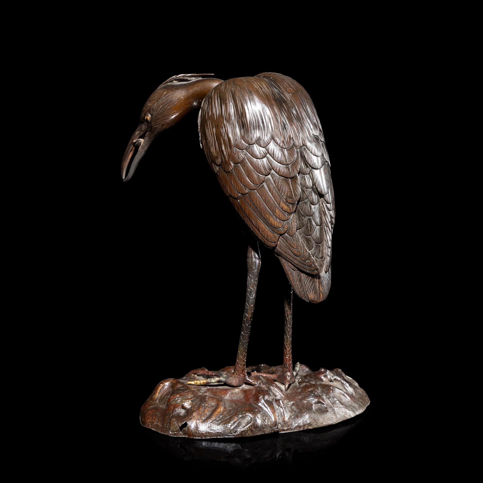 A Japanese Bronze Figure of an Egret, 20th Century