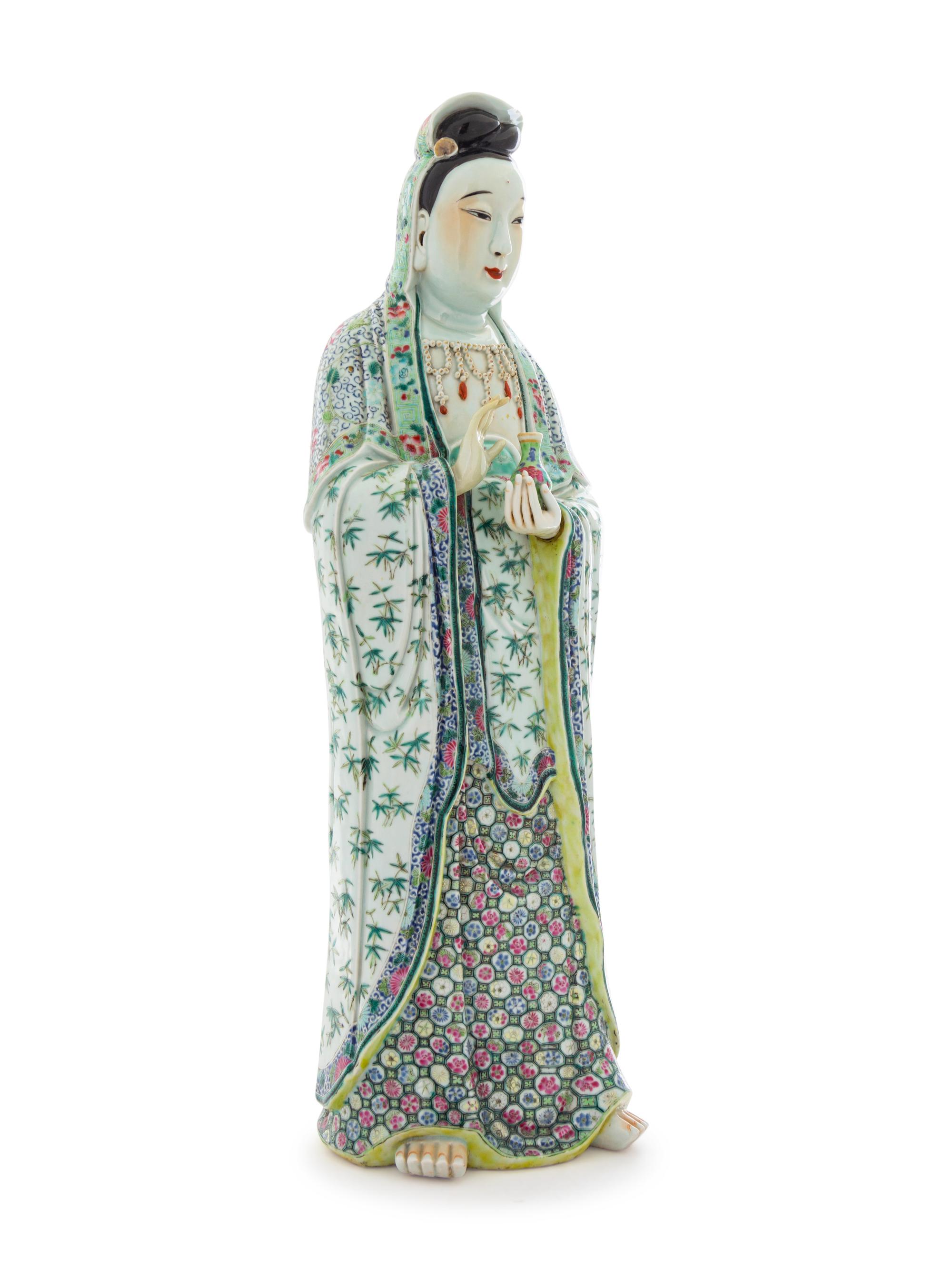 A Large Famille Verte Porcelain Figure of Guanyin