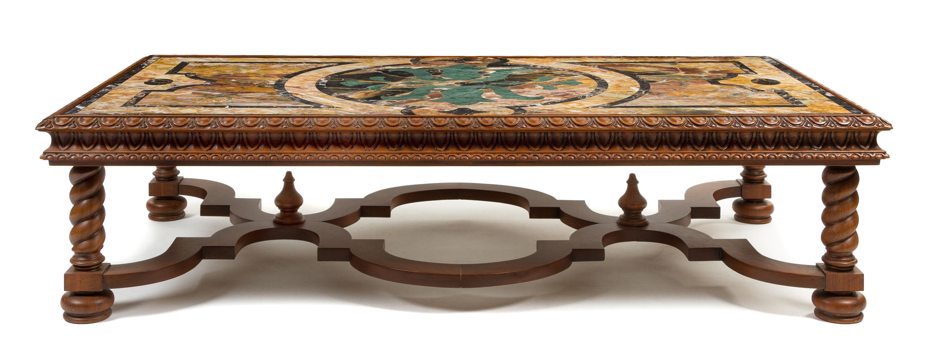 A Louis XIII Style Walnut and Marble Low Table Height 18 x width 72 x depth 40 inches. — 20TH CENTURY
