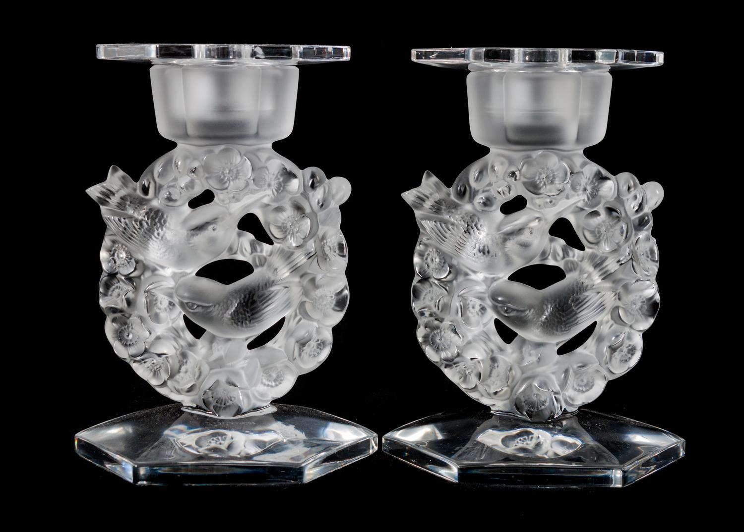 A Pair of Lalique Molded and Frosted Glass Candlesticks Height 6 3/4 inches. — 20TH CENTURY
