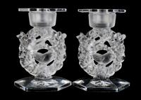A Pair of Lalique Molded and Frosted Glass Candlesticks Height 6 3/4 inches. — 20TH CENTURY