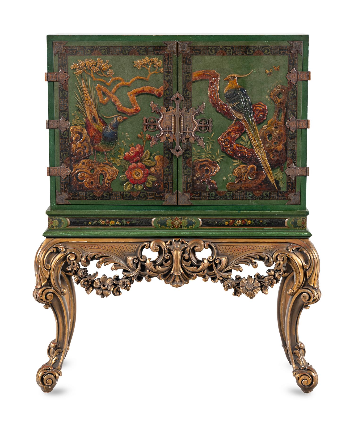 A George I Style Green-Japanned Cabinet on a Giltwood Stand