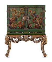 A George I Style Green-Japanned Cabinet on a Giltwood Stand