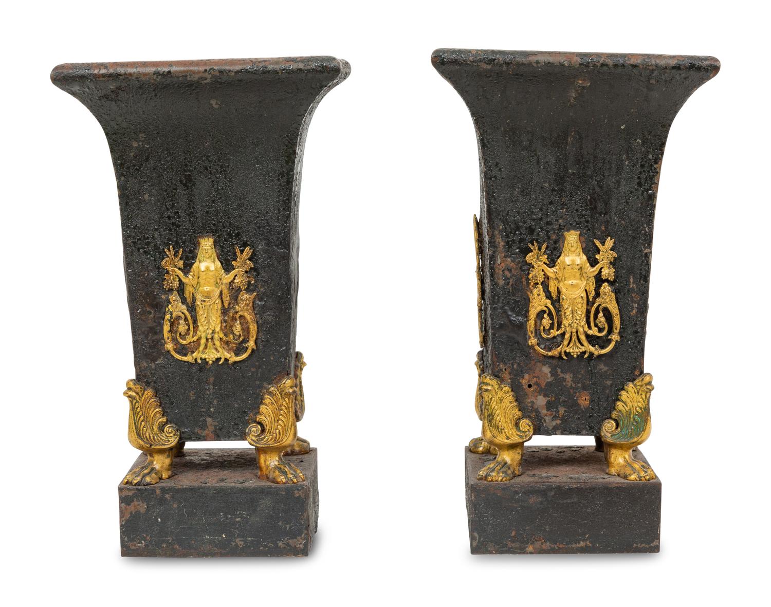 A Pair of Regency Gilt Metal Mounted Tole Vases