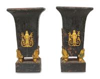A Pair of Regency Gilt Metal Mounted Tole Vases