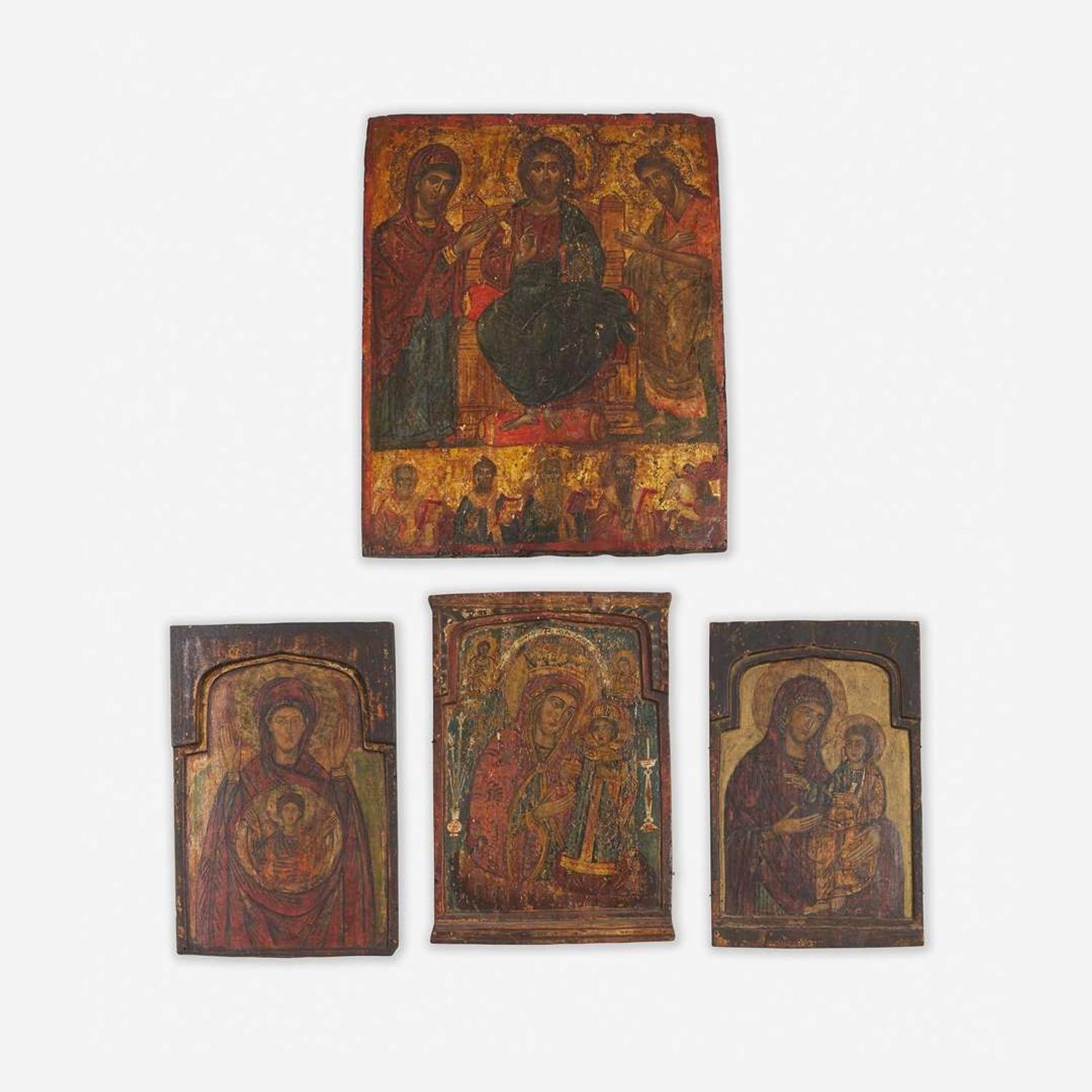 A Group of Four Polychrome and Gilt Painted Panel Icons Russian, 18th/19th century