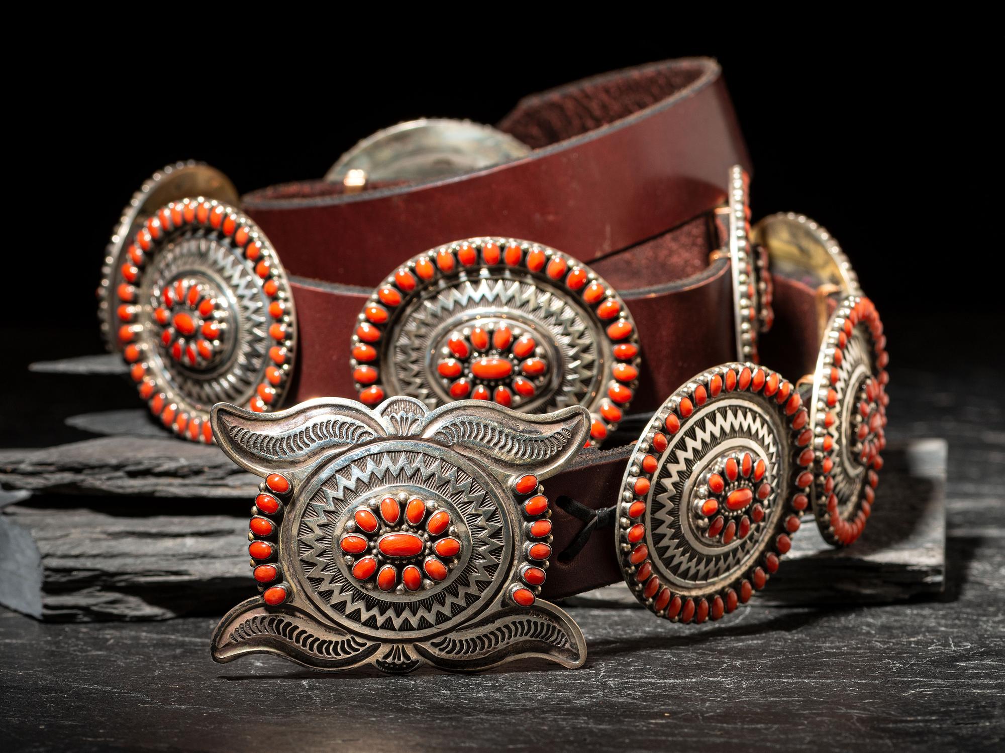 Sterling Silver and Coral Cluster Concha Belt