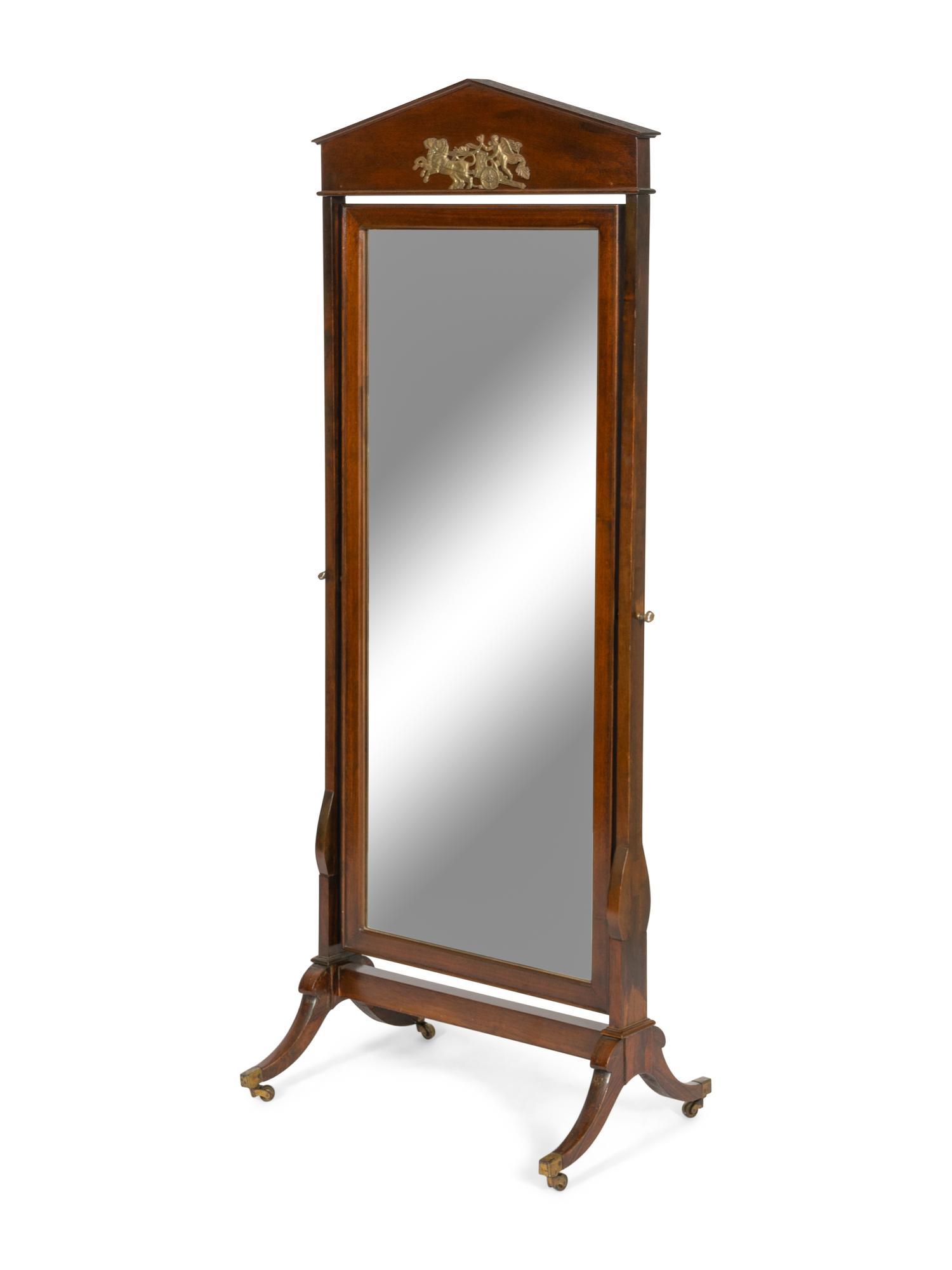 An Empire Style Gilt Metal Mounted Mahogany and Rosewood Cheval Mirror