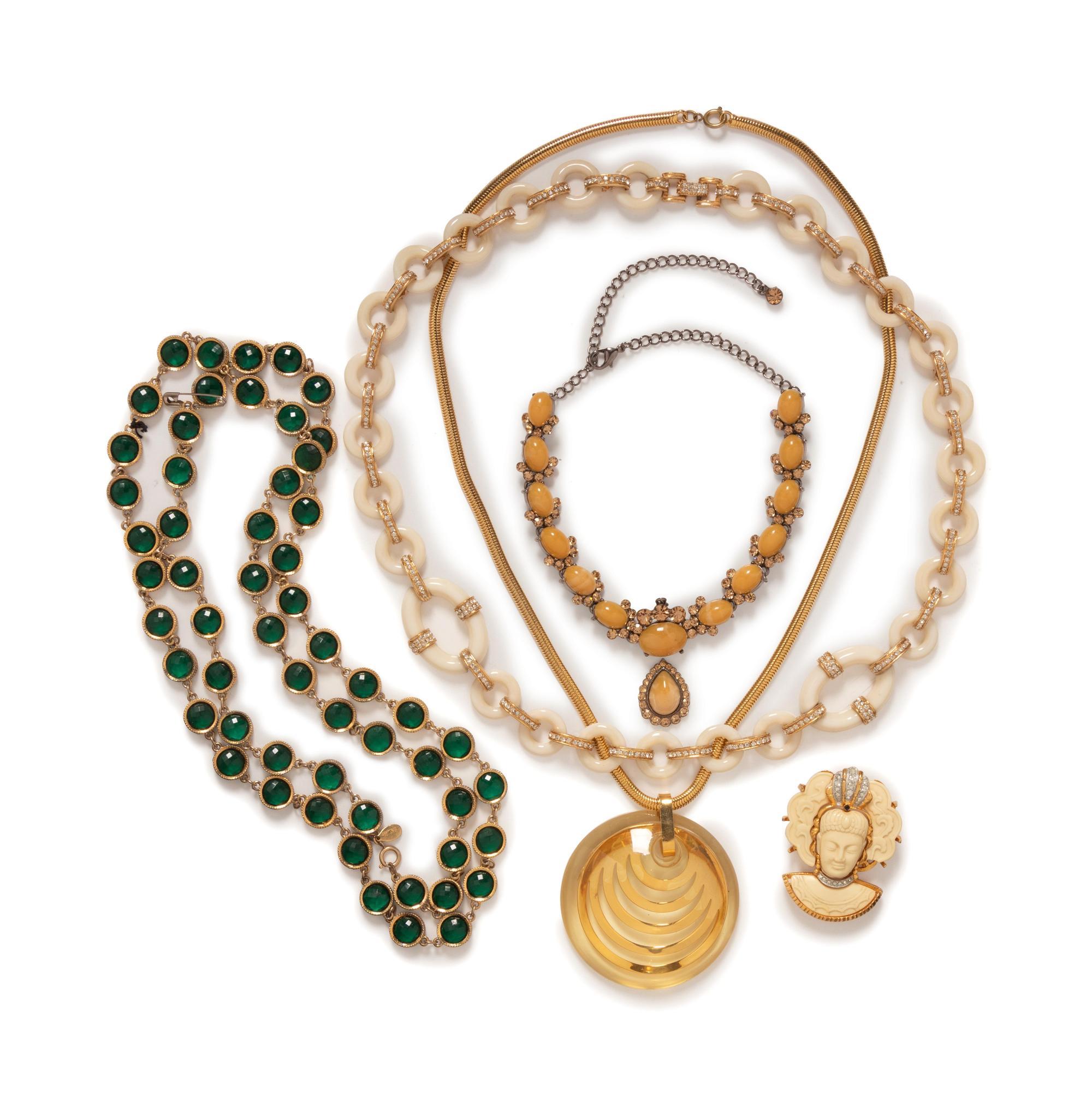 Nine Assorted Necklaces and One Buddha Pin, 1980-2000s