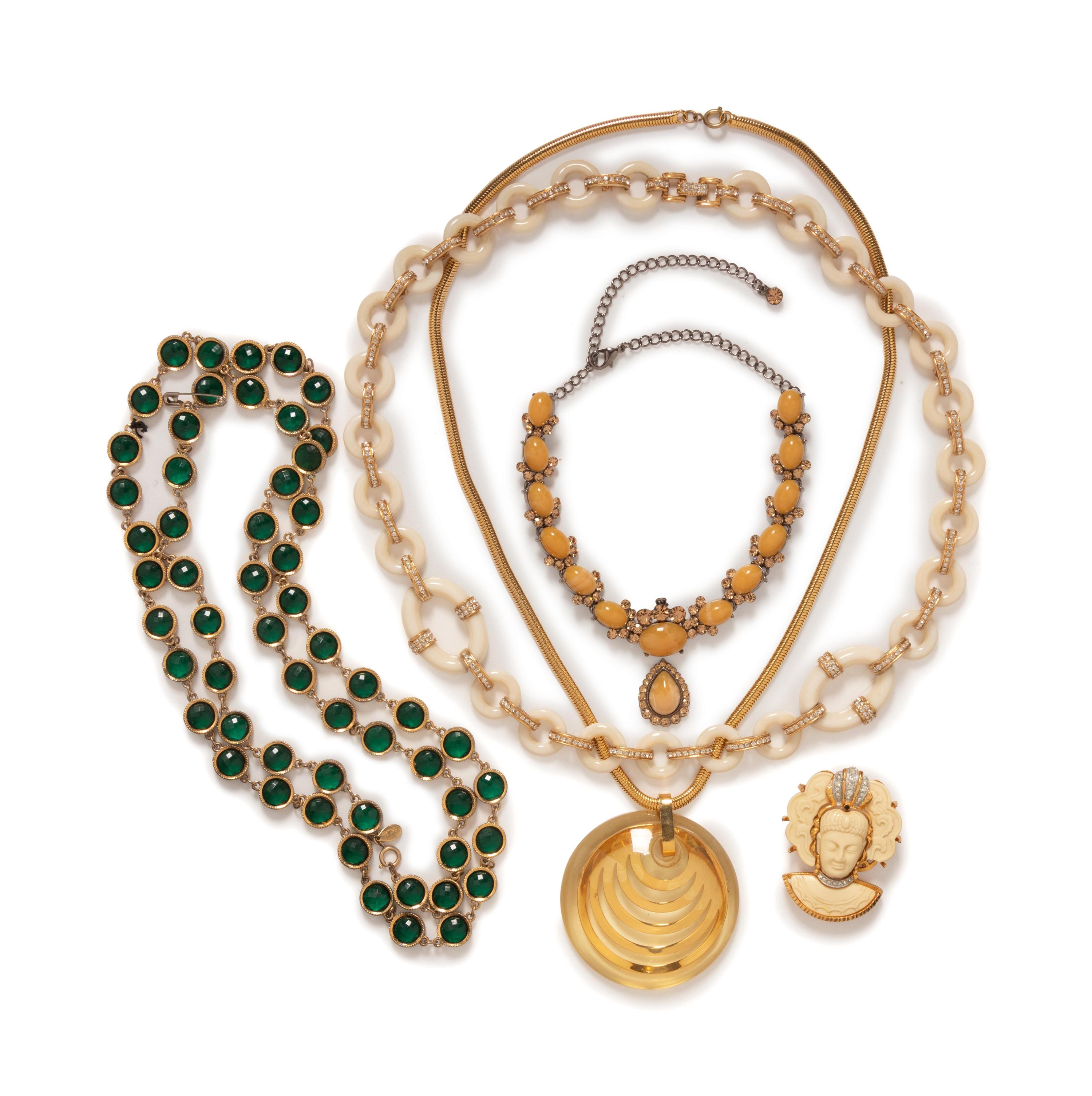 Nine Assorted Necklaces and One Buddha Pin, 1980-2000s