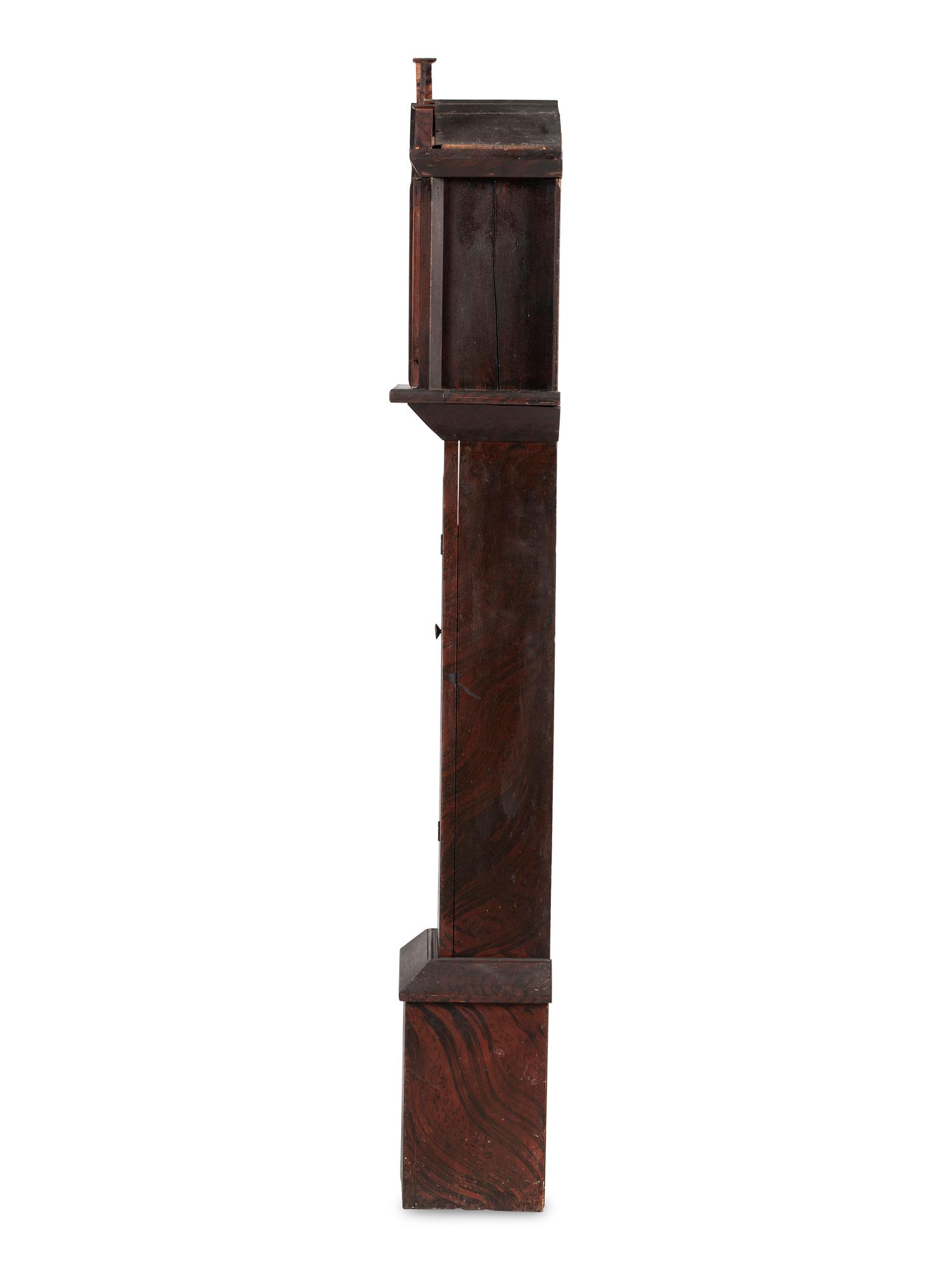 A Federal Carved and Grain Painted Pine Wooden Works Tall Case Clock
