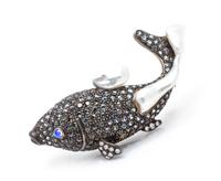 An 18 Karat Gold, Silver, Multi Gem and Cultured Pearl Fish Brooch, 13.80 dwts.