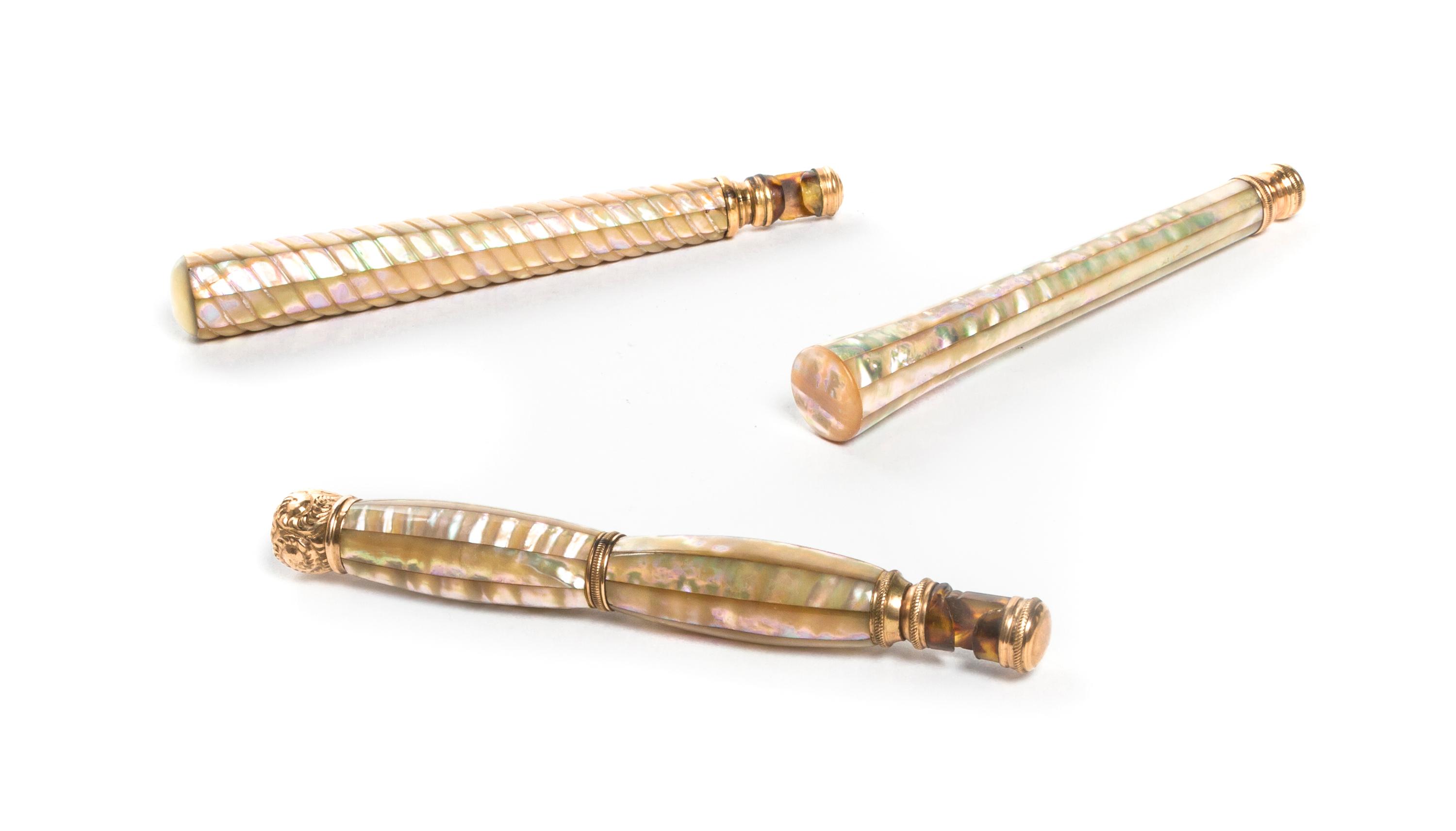 Three Mother-of-Pearl Veneered Opera Glass Holders, Length of longest 5 3/4 inches (closed).