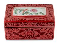 A Chinese Porcelain-Inset Red Lacquer Box