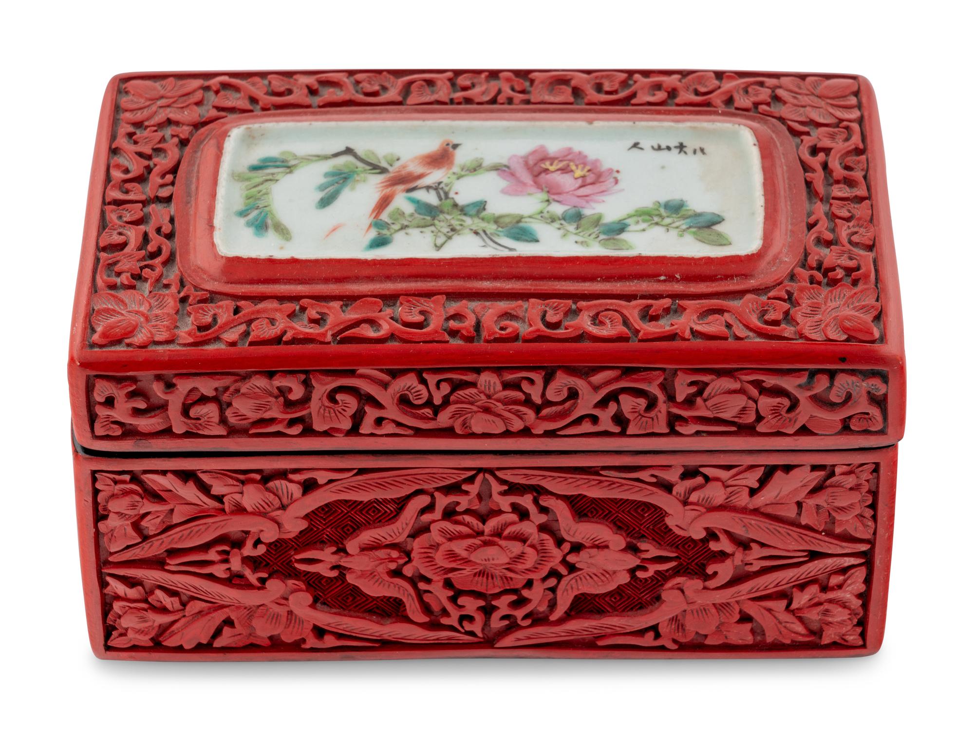 A Chinese Porcelain-Inset Red Lacquer Box