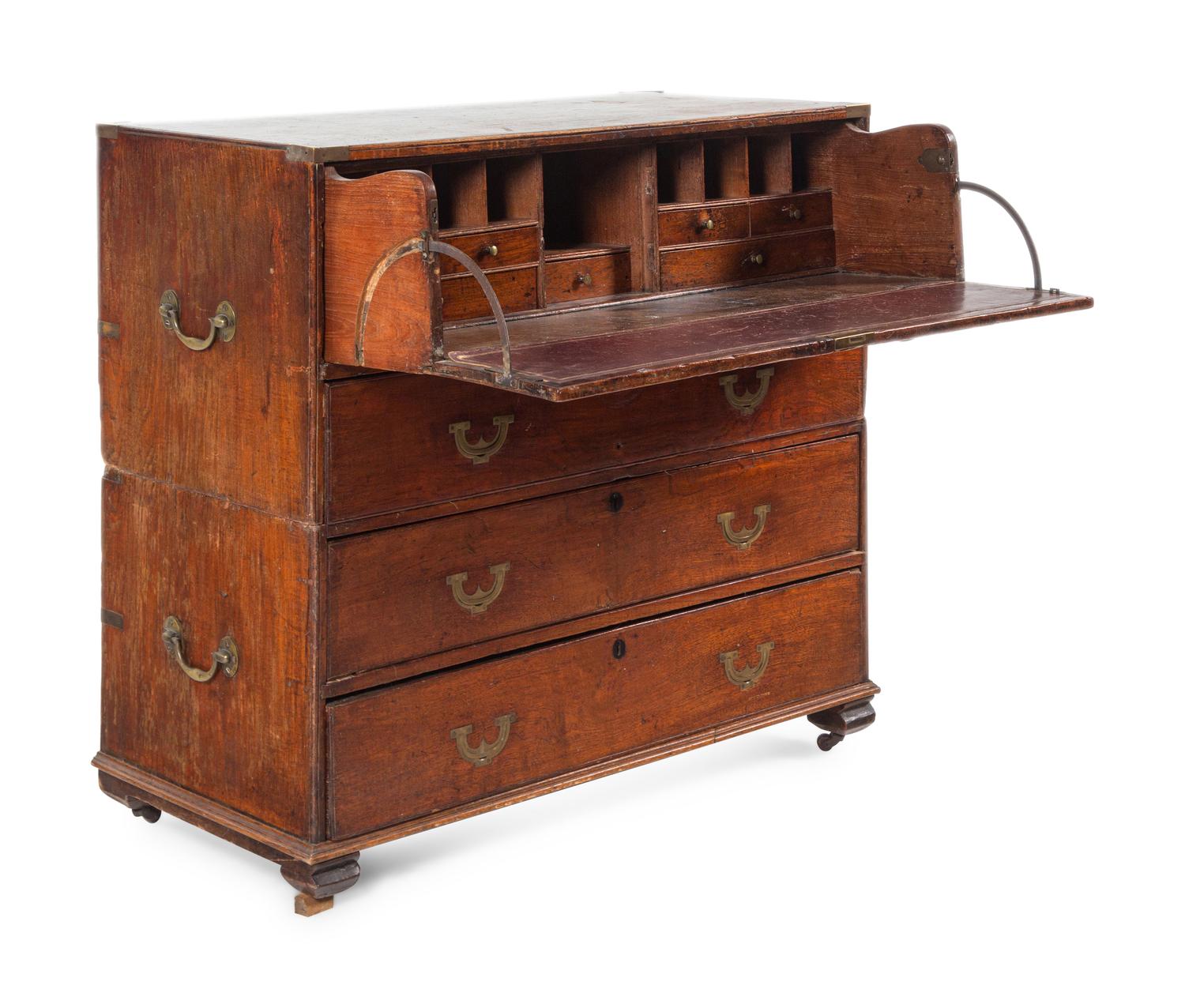 An English Brass Mounted Elm Campaign Desk