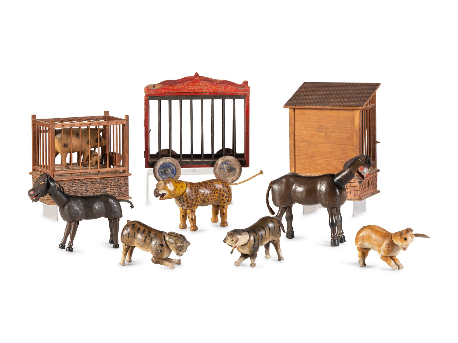 A Group of Shoenhut Animals and Felt Squeak Toys