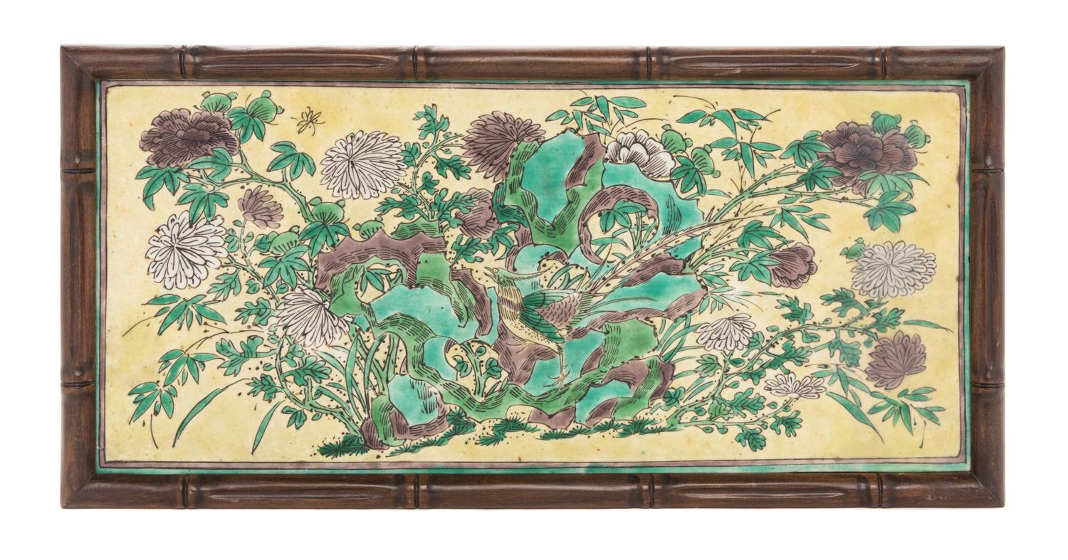 A Famille Verte Porcelain Plaque Height 6 1/2 x width 13 1/4 inches.
