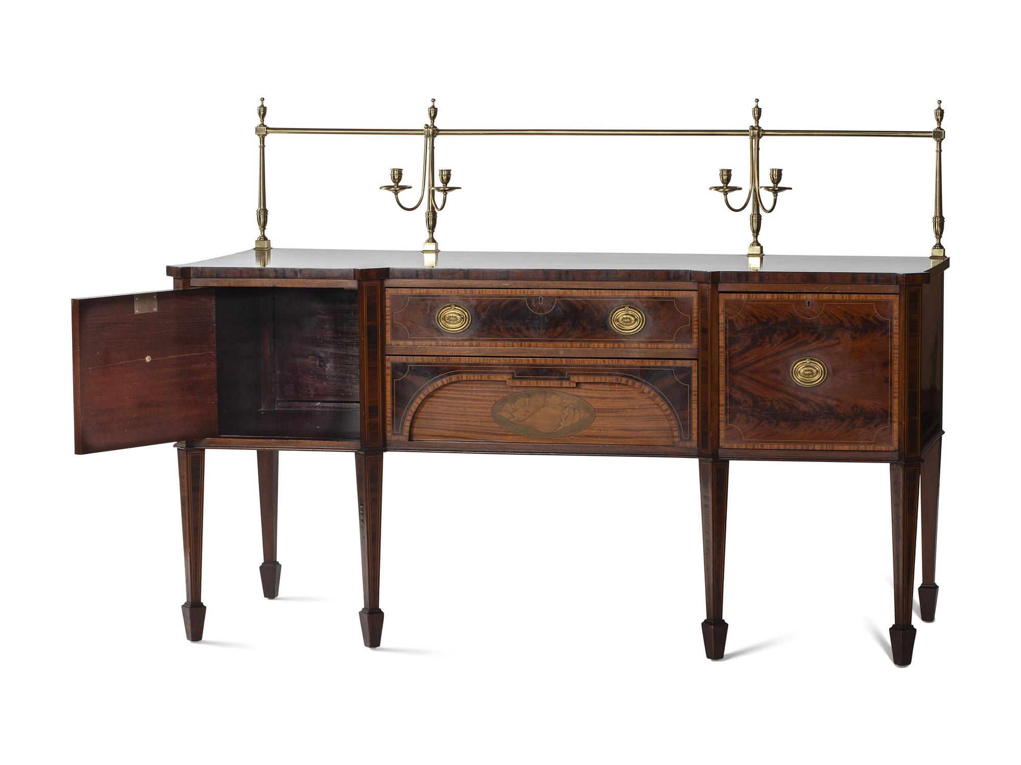 A George III Style Brass Mounted Mahogany and Marquetry Sideboard