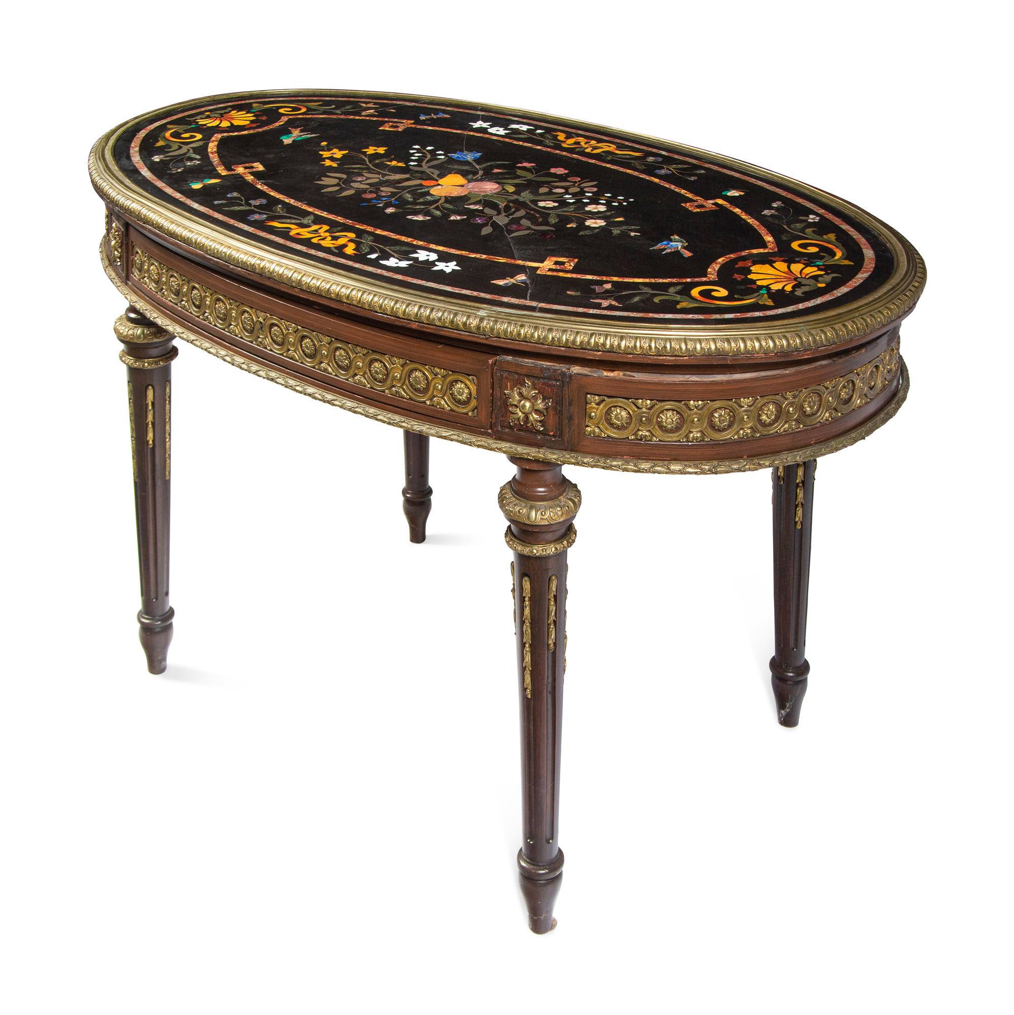 A Louis XVI Style Gilt Bronze Mounted Pietra Dura-Top Center Table