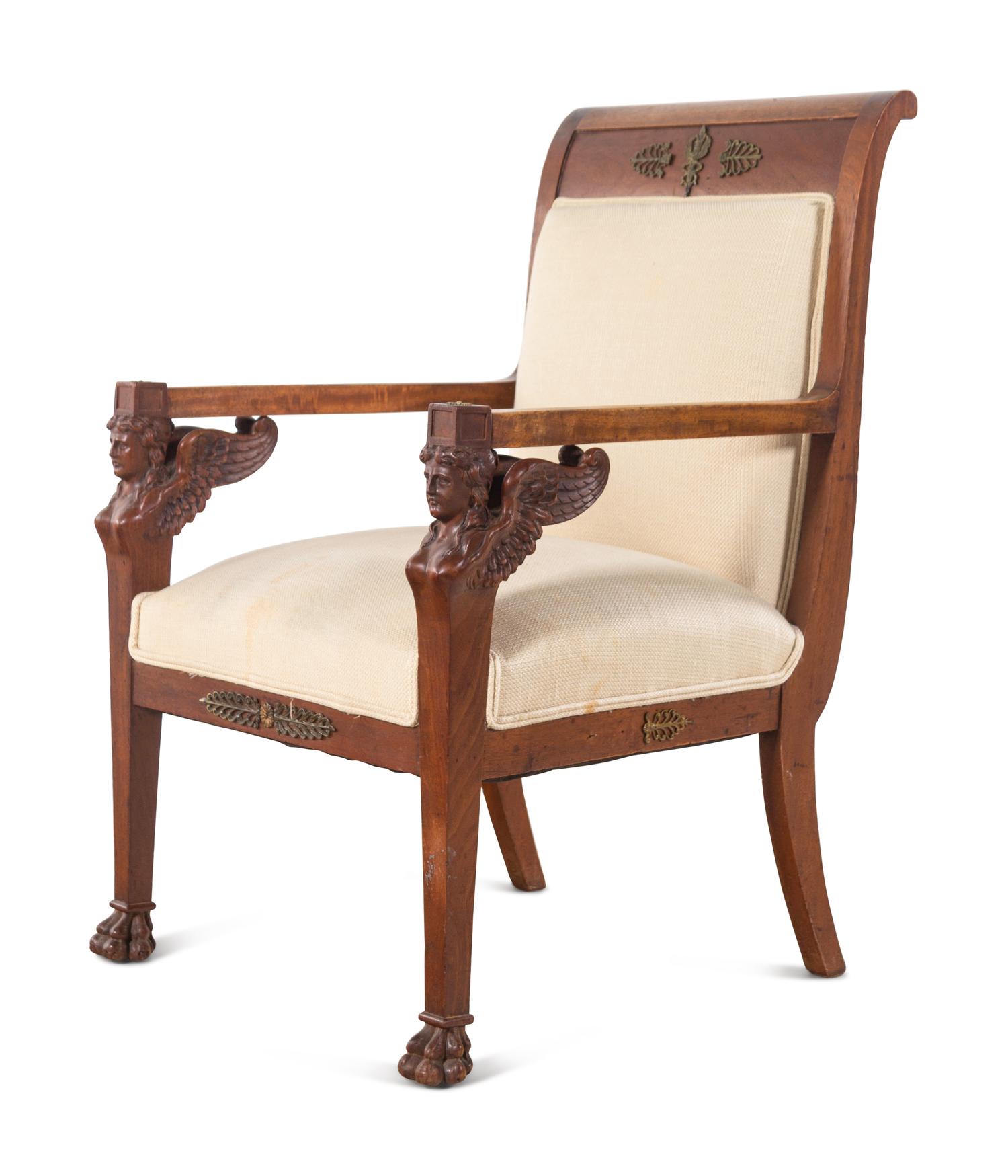 An Empire Style Carved Mahogany Fauteuil