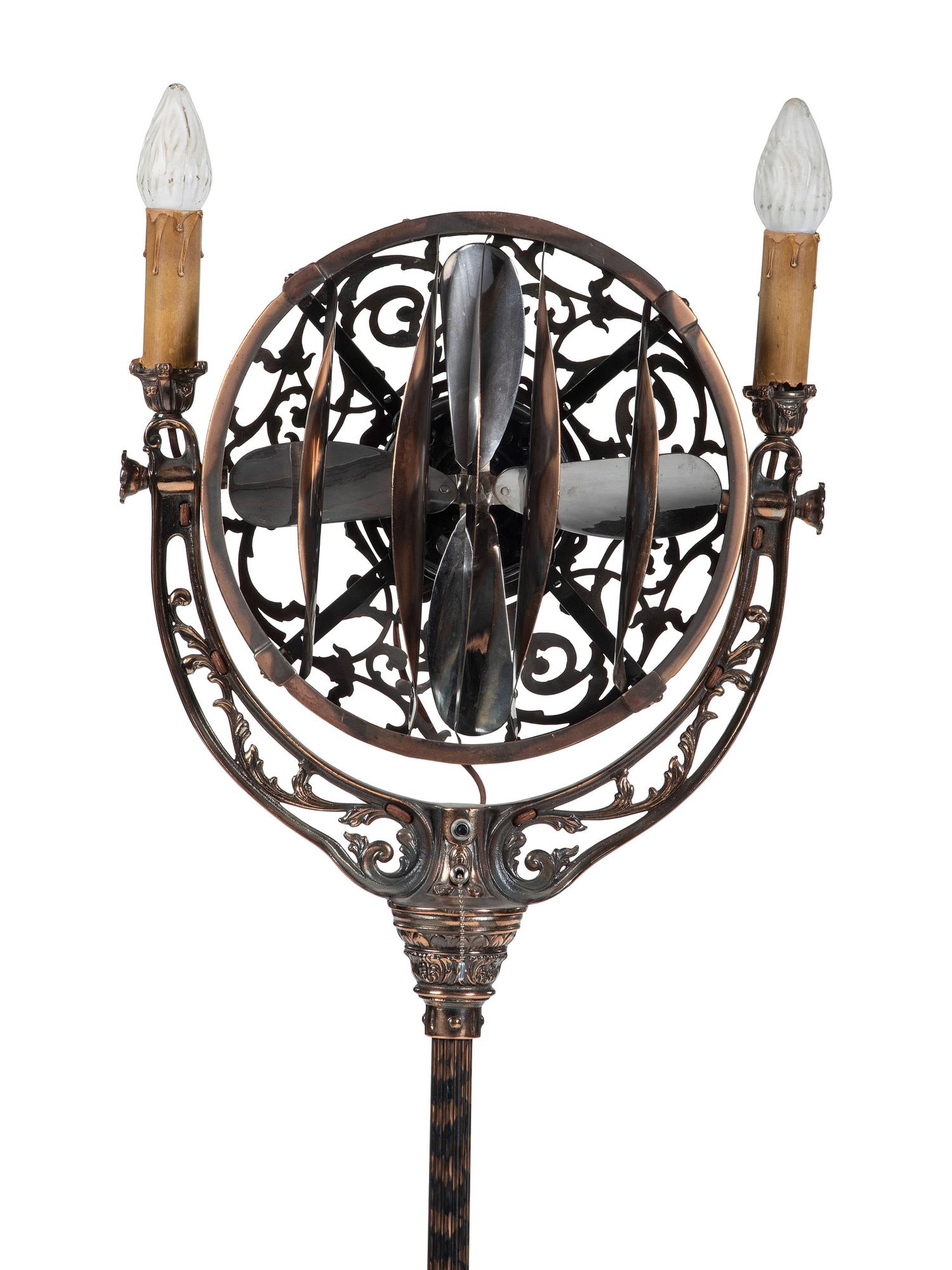 A Luminaire Cast and Patinated Metal Two-Light Funeral Parlor Fan