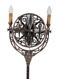 A Luminaire Cast and Patinated Metal Two-Light Funeral Parlor Fan