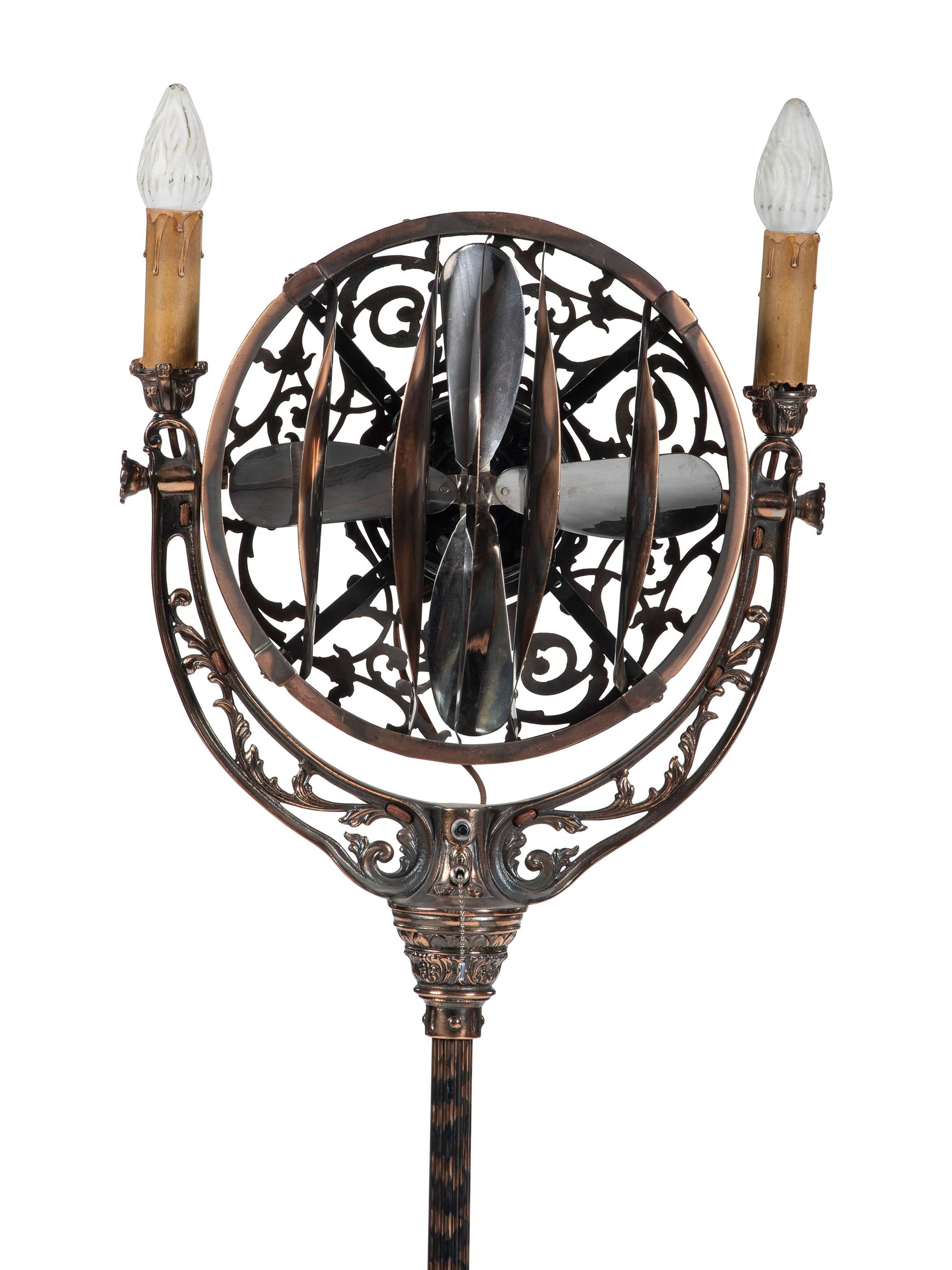 A Luminaire Cast and Patinated Metal Two-Light Funeral Parlor Fan