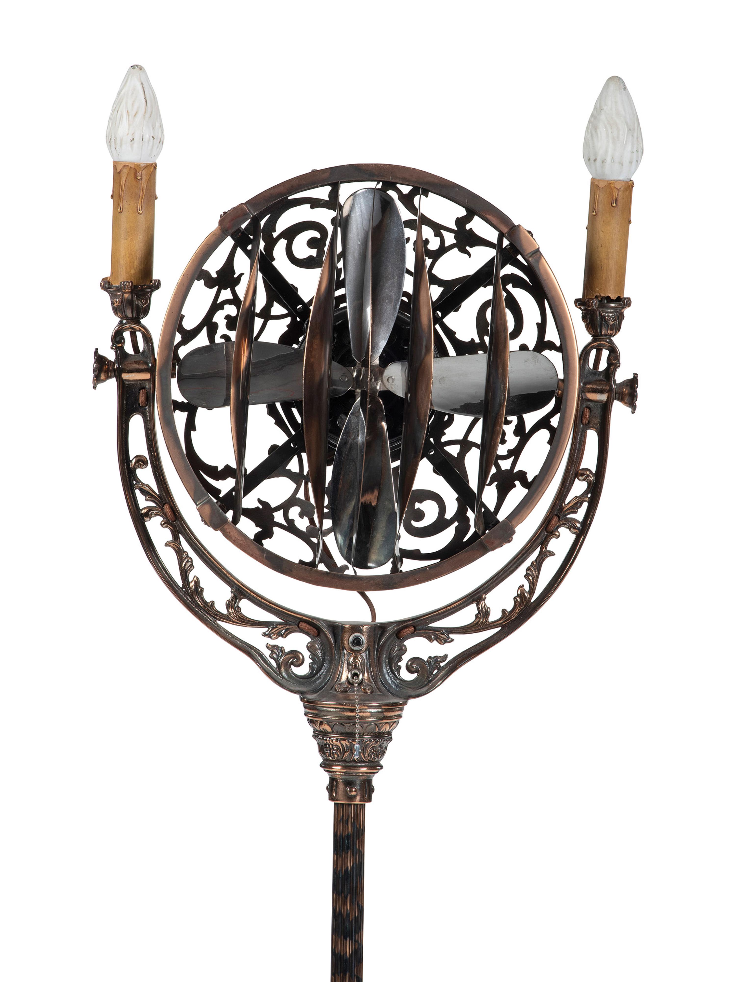 A Luminaire Cast and Patinated Metal Two-Light Funeral Parlor Fan
