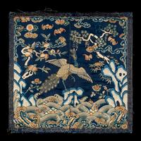 A Chinese Embroidered Silk 'Peacock' Rank Badge, Qianlong Period 清乾隆 石青緞地綉三品文官孔雀補子
