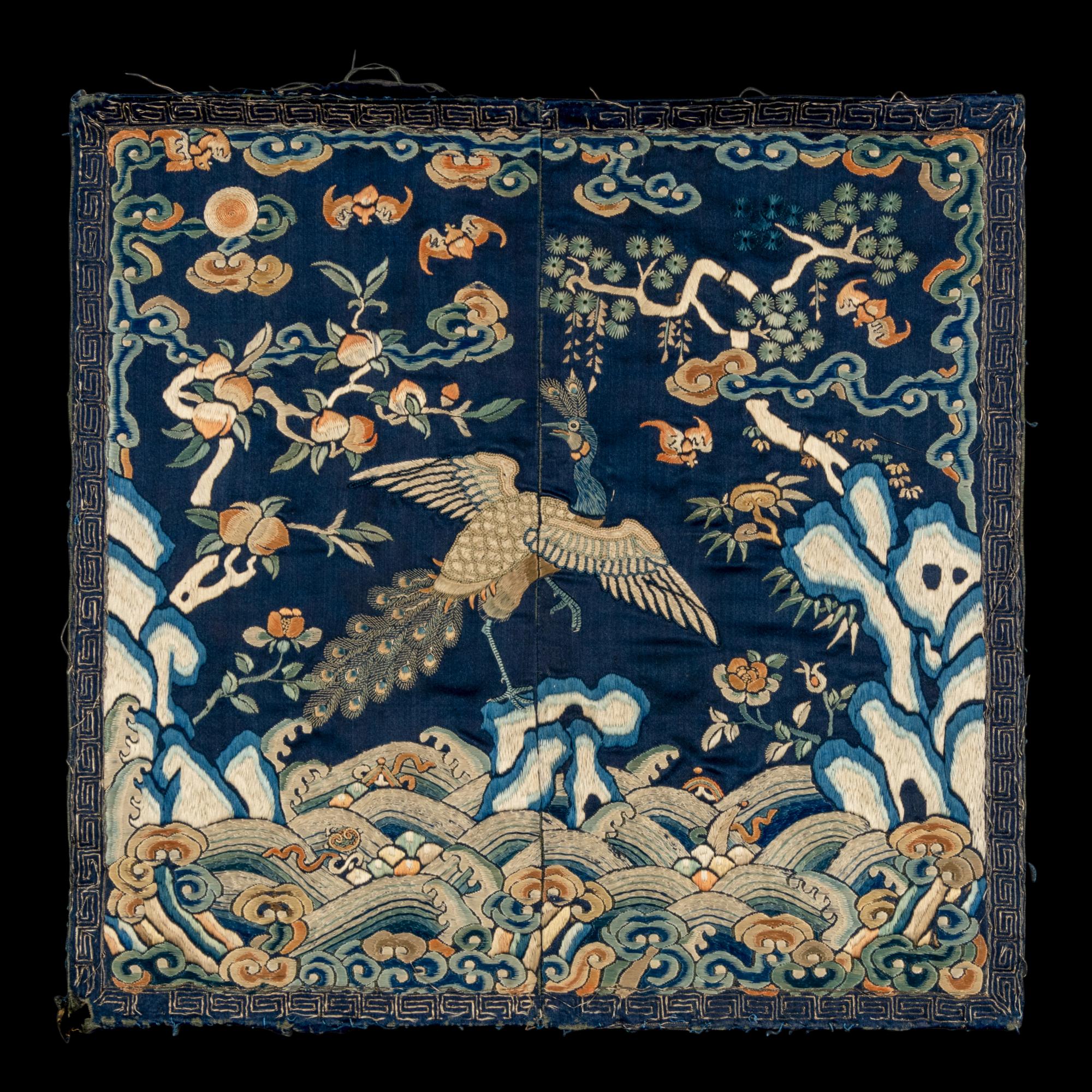 A Chinese Embroidered Silk 'Peacock' Rank Badge, Qianlong Period 清乾隆 石青緞地綉三品文官孔雀補子