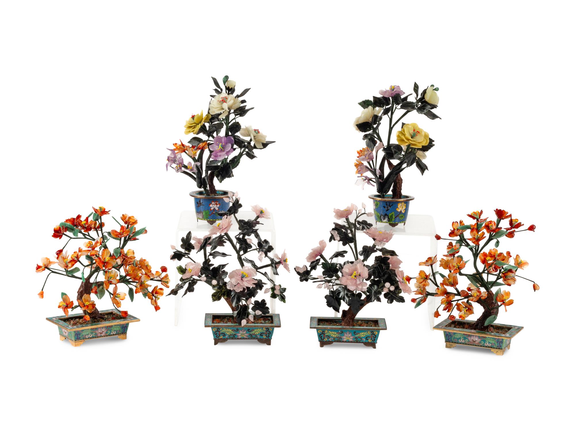 Six Chinese Hardstone Models of Trees in Cloisonné Jardinières