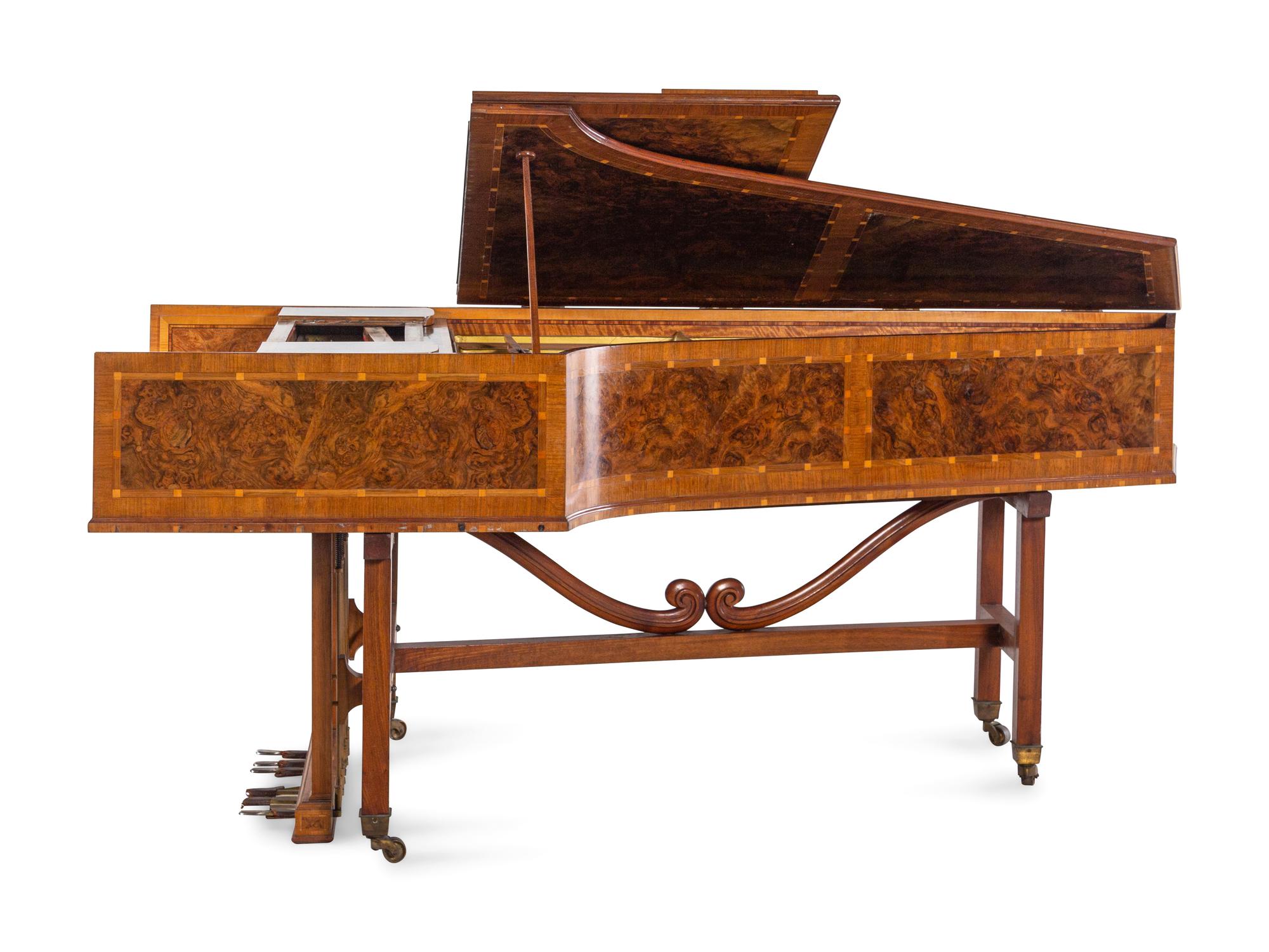 A Burl Walnut and Satinwood Two-Manual Harpsichord by Thomas Goff & Joseph Cobby