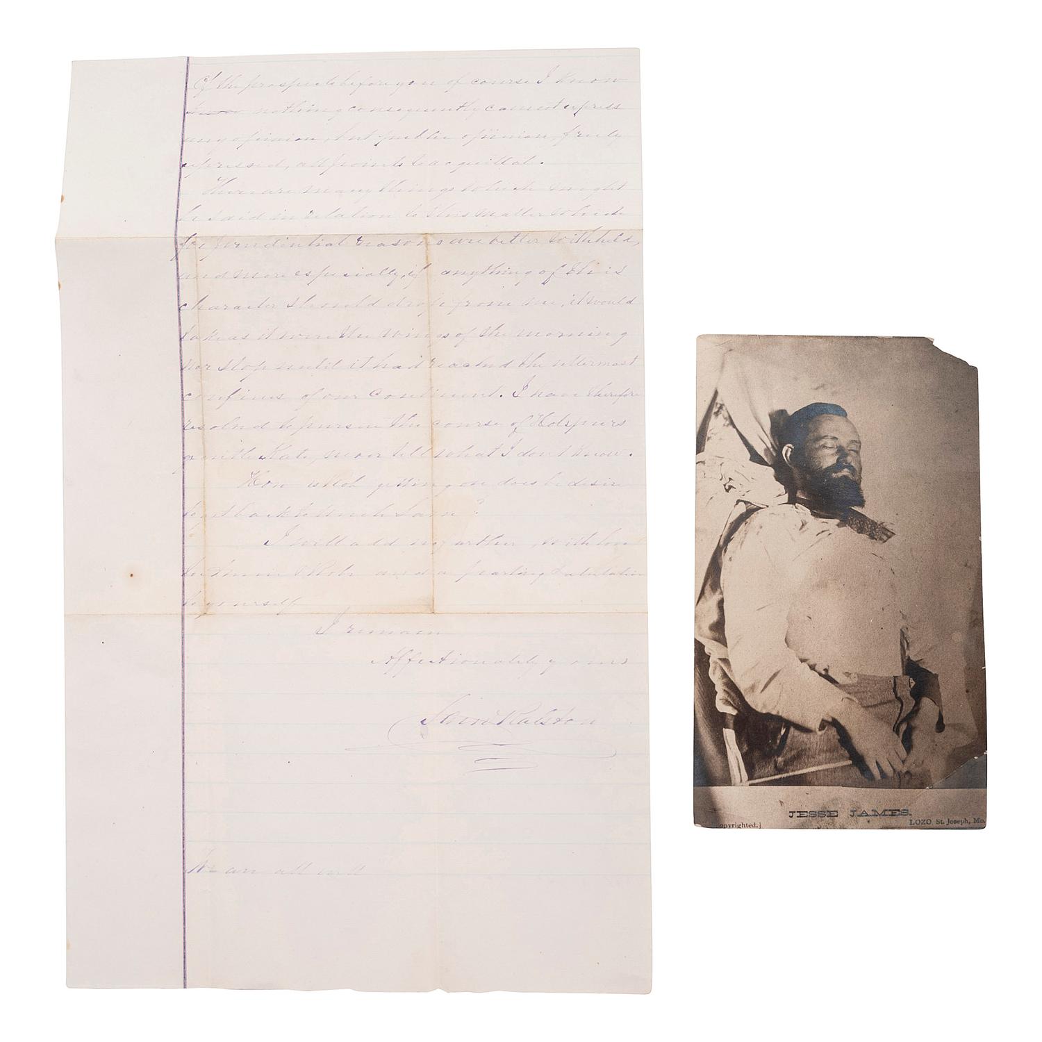 [OUTLAWS & LAWMEN]. A group of 4 items, highlighted by: RALSTON, Sam (1809-1899). Autograph letter signed ("Sam Ralston") to son-in-law, Frank James. Independence, MO, 8 April 1883. 2 pages, 7 3/4 x 12 1/2 in.