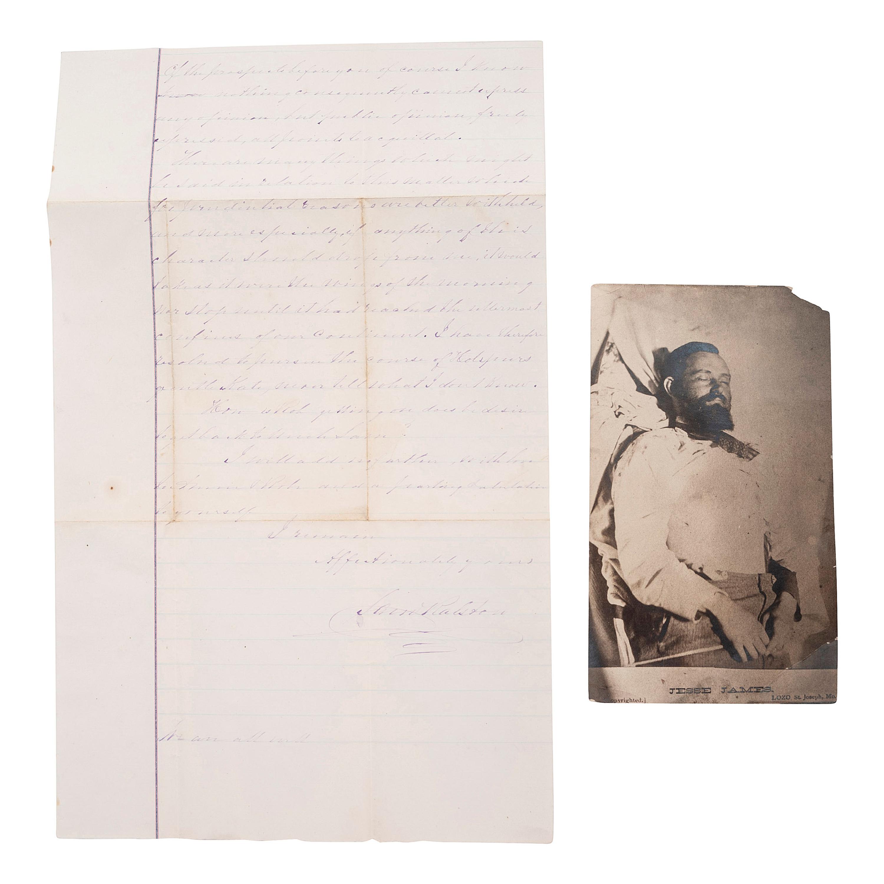 [OUTLAWS & LAWMEN]. A group of 4 items, highlighted by: RALSTON, Sam (1809-1899). Autograph letter signed ("Sam Ralston") to son-in-law, Frank James. Independence, MO, 8 April 1883. 2 pages, 7 3/4 x 12 1/2 in.