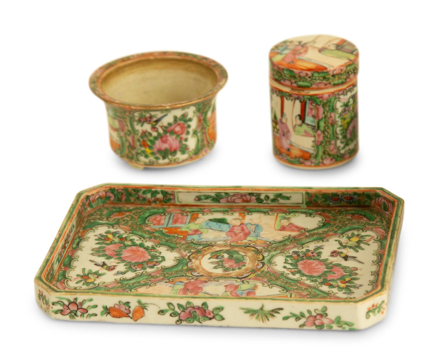 A Collection of Chinese Rose Medallion Porcelain Table Articles