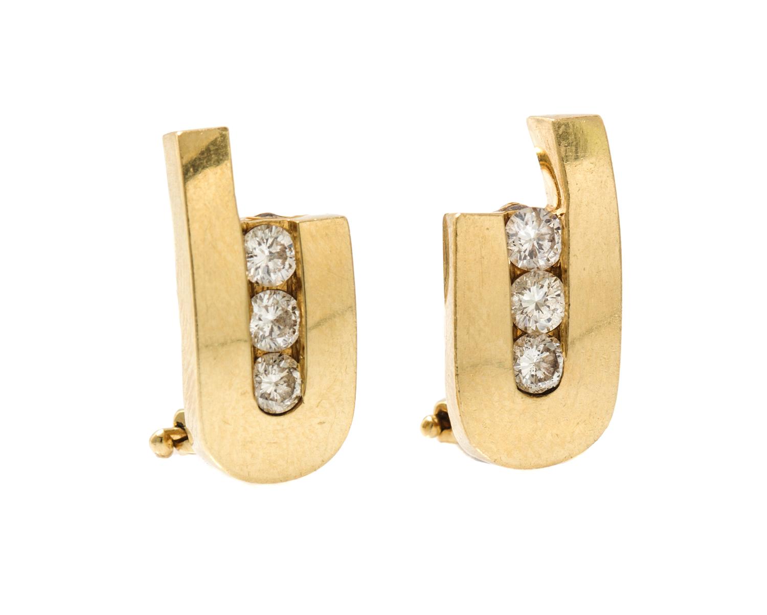 A Pair of 14 Karat Yellow Gold Diamond Earrings, 3.50 dwts.